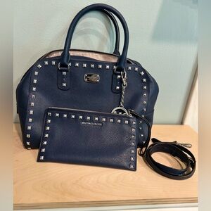 Michael Kors Navy Sandrine Studded Satchel With Matching Wristlet